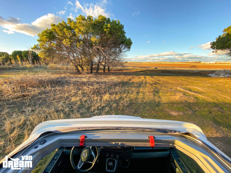 Vista desde el interior de una Volkswagen T6.1 Multivan con techo elevable Atlas Camper y lona panorámica Open Sky abierta, ofreciendo amplias vistas al exterior.