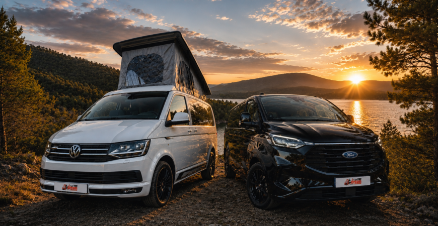 Volkswagen T6 camper y Ford Transit Custom camperizadas por Van Dream Madrid en entorno natural al atardecer