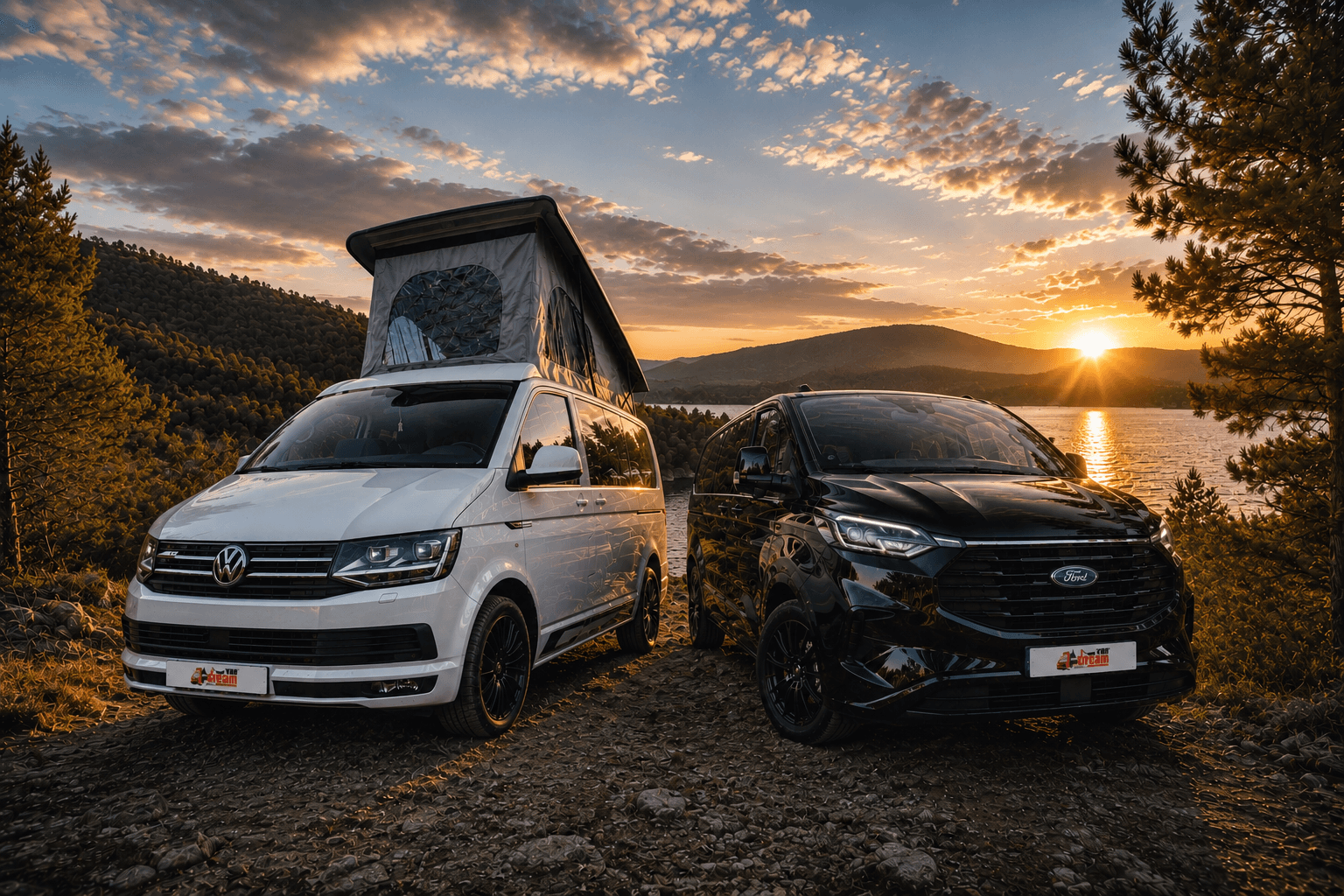 Volkswagen T6 camper y Ford Transit Custom camperizadas por Van Dream Madrid en entorno natural al atardecer