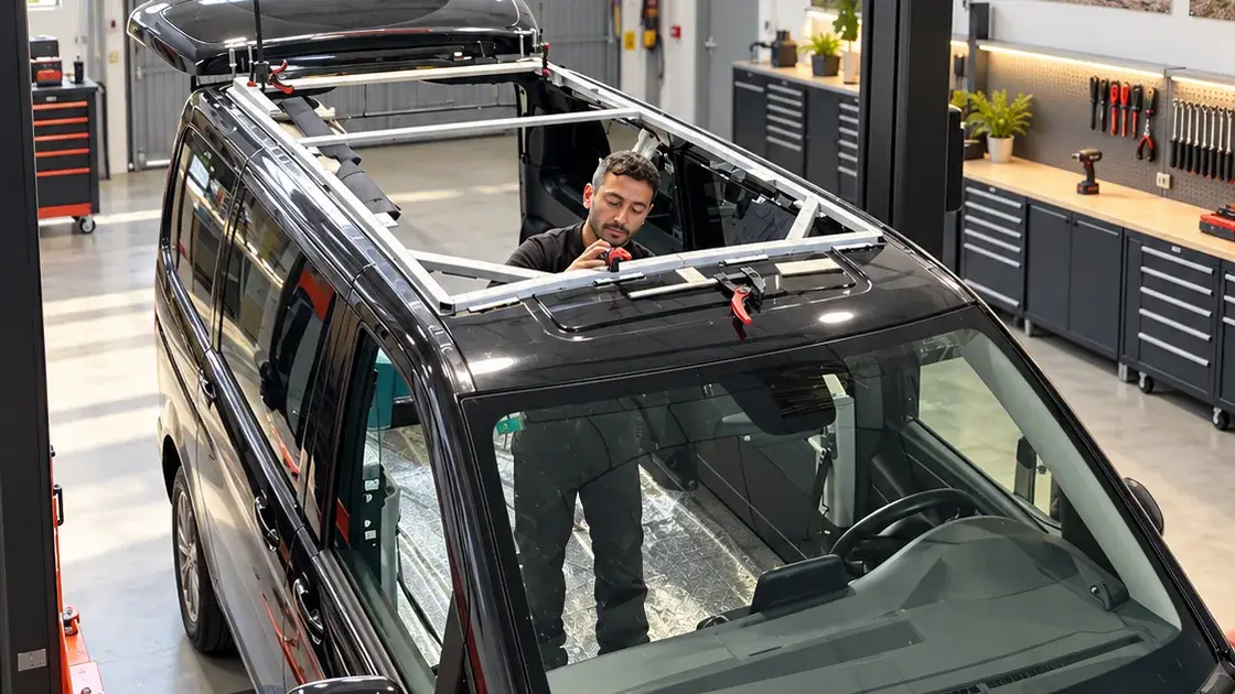 Técnico preparando la abertura del techo de una furgoneta para instalar un techo elevable