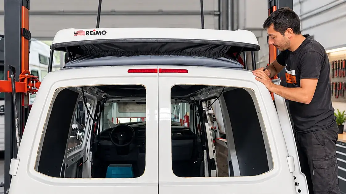 Instalador ajustando un techo elevable Reimo en una Volkswagen Transporter