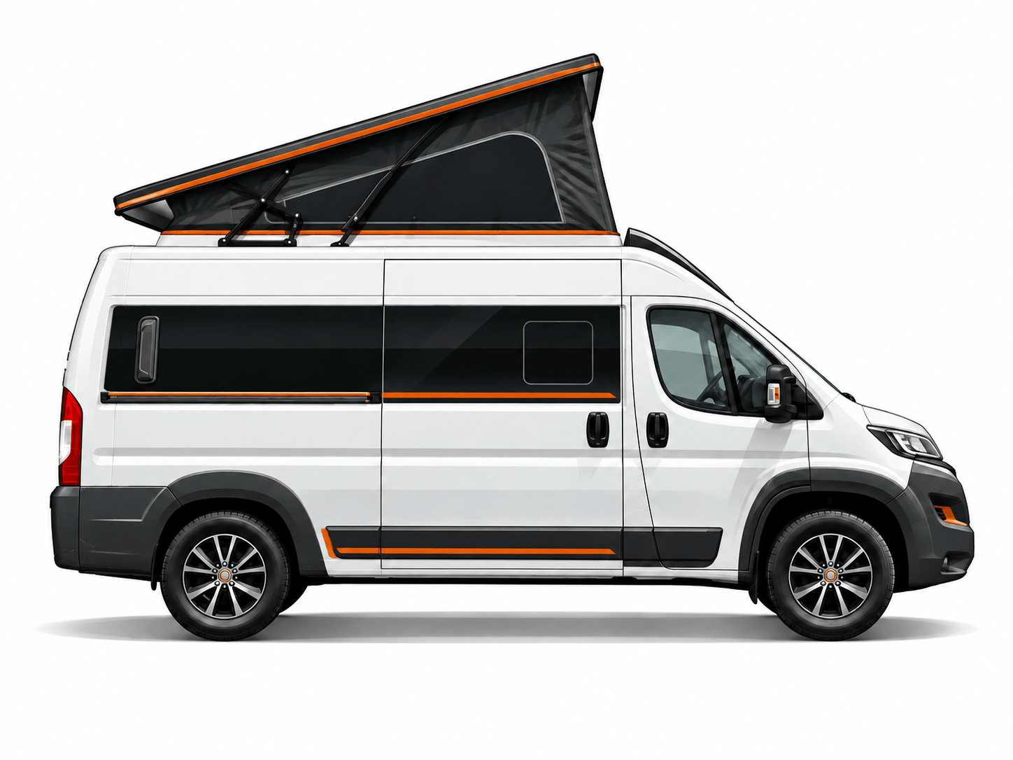 Ilustración de furgoneta camper de gran volumen con techo elevable desplegado y carrocería blanca con detalles naranjas