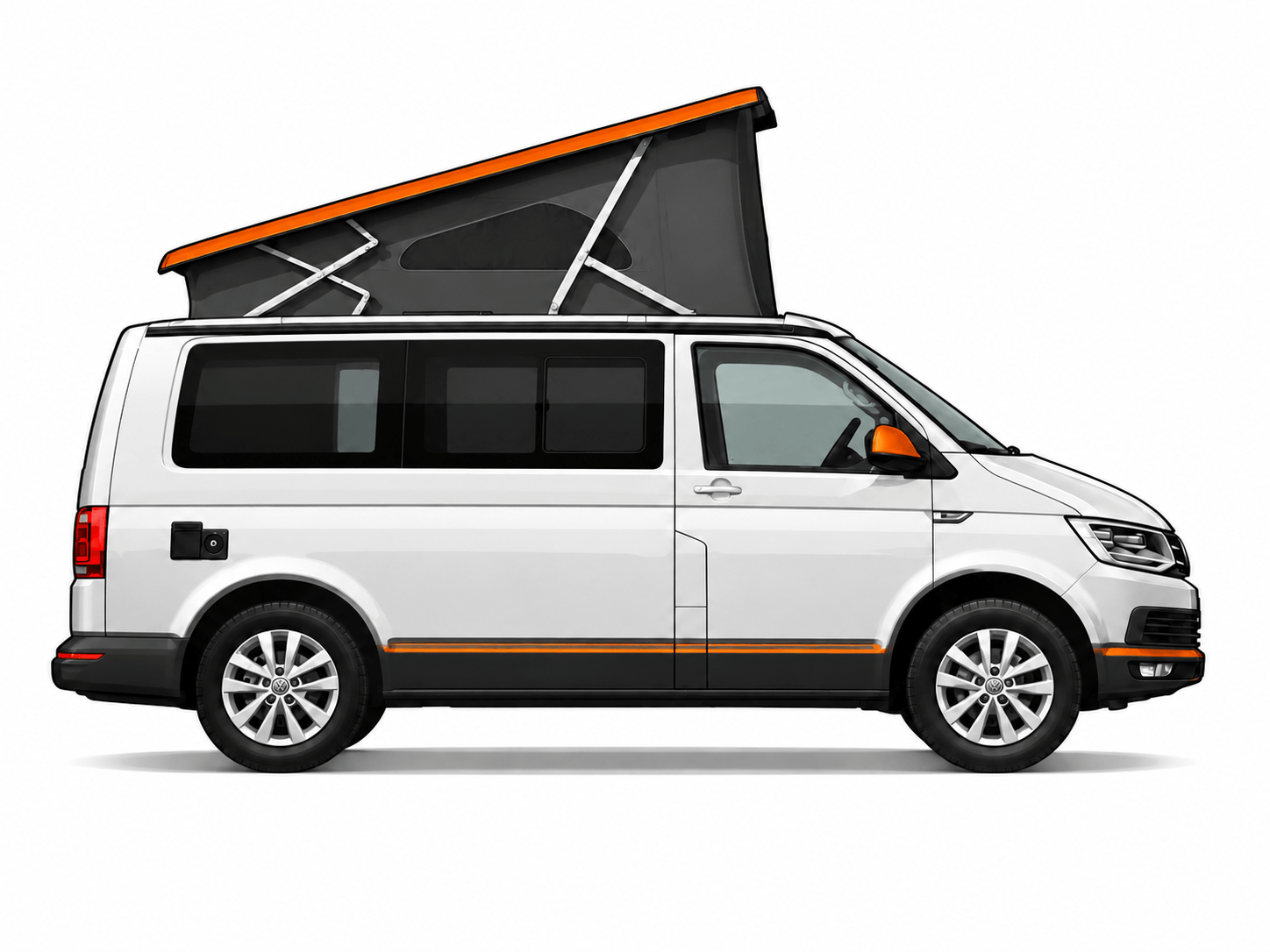 Ilustración de furgoneta camper mediana con techo elevable abierto y detalles corporativos naranjas